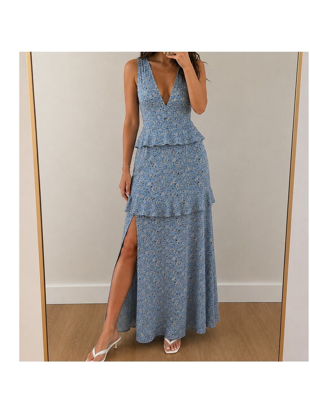 Nightwalker🌿Floral Maxi Dress Women Small Blue Boho Sleeveless Tier Cottagecore